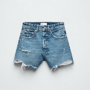 Zara High Rise Denim Distressed Shorts